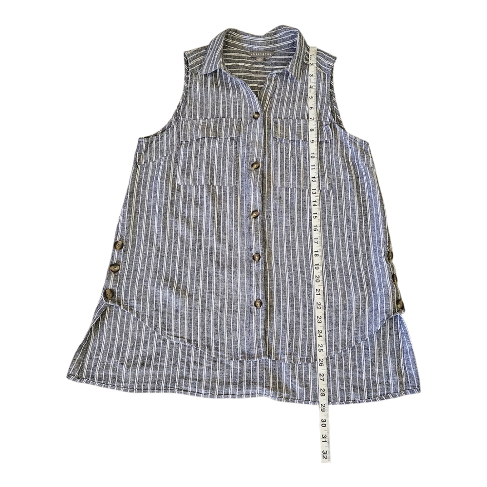 Sharagano Sleeveless Linen Blend Striped Top Size M Button Up High Low - Picture 8 of 13